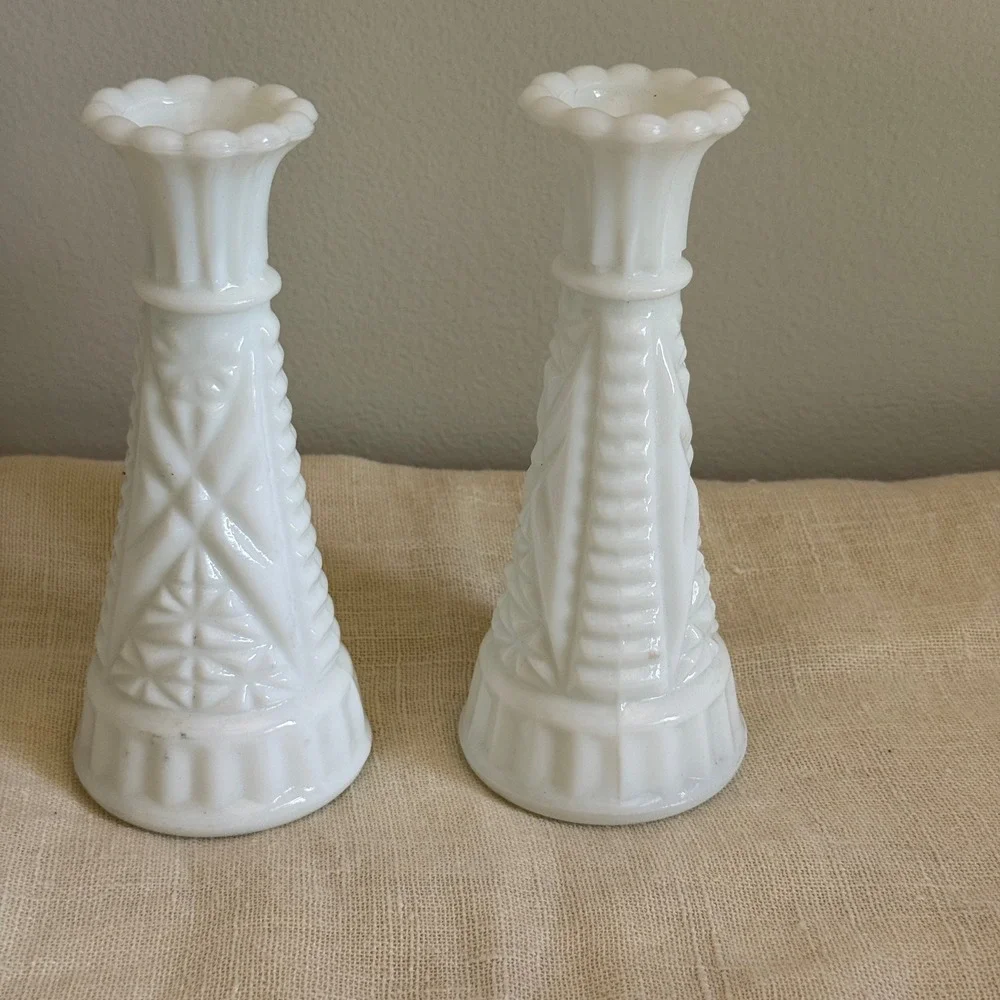 Vintage White Milk Glass Bud Vases Scalloped Rim Diamond Pattern Set of 2 MCM